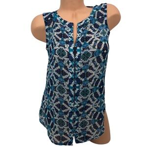 Liz‎ Claiborne Blue Geometric Printed Tank Top V-Neck Sheer Sleeveless Blouse S